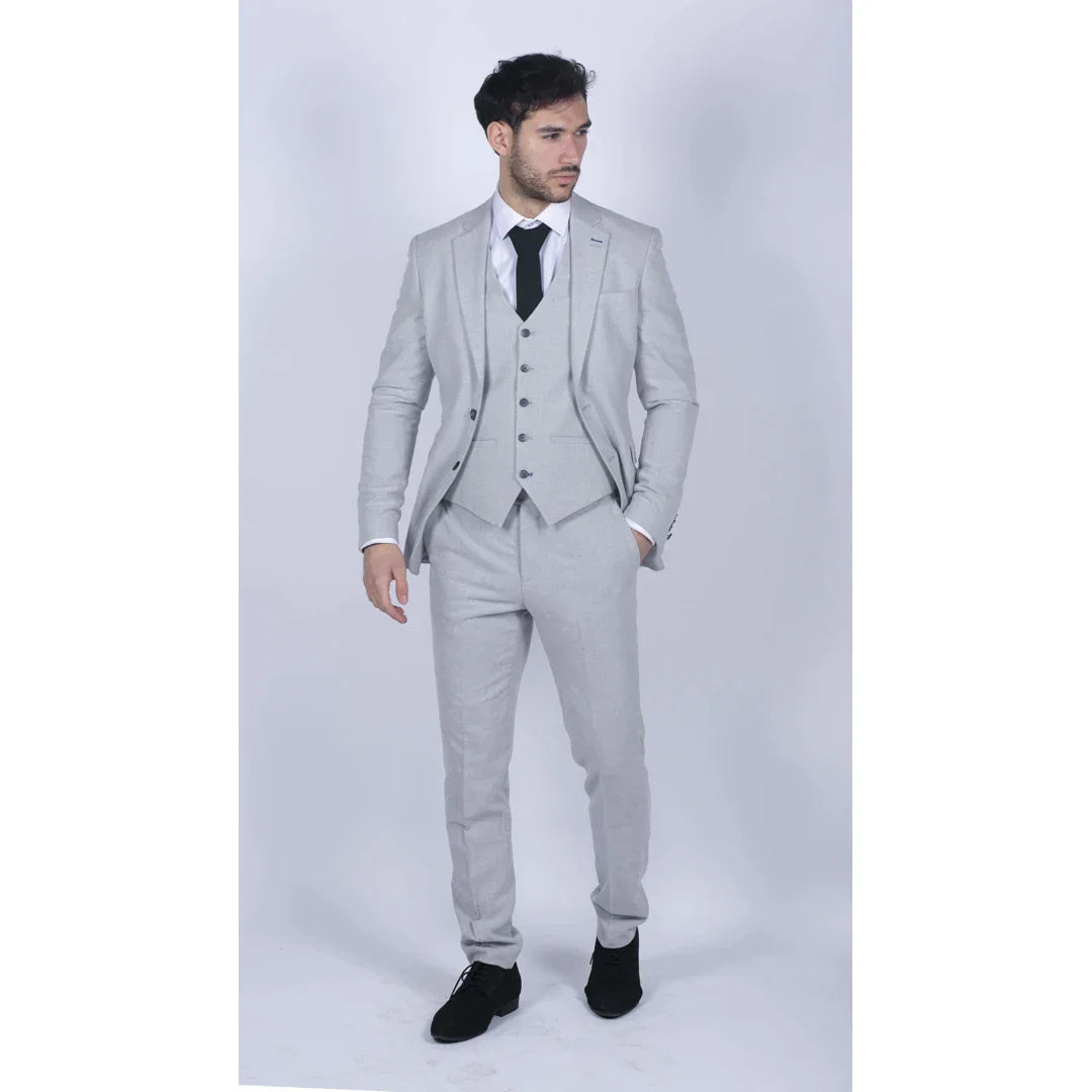 Mens Tweed Light Grey 3 Piece Suit Tailored Fit Classic Vintage 1920s Wedding