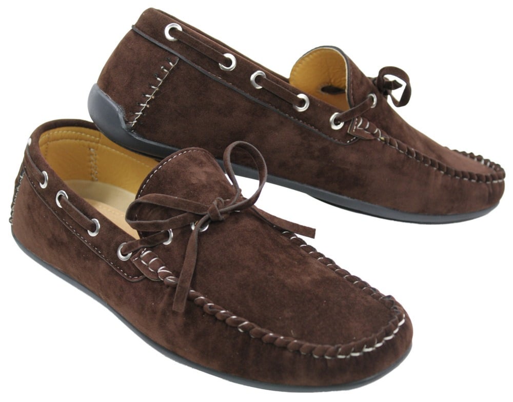 Mens Deck Boat Moccasin Suede Leather Lace Up Shoes Italian Brown Blue