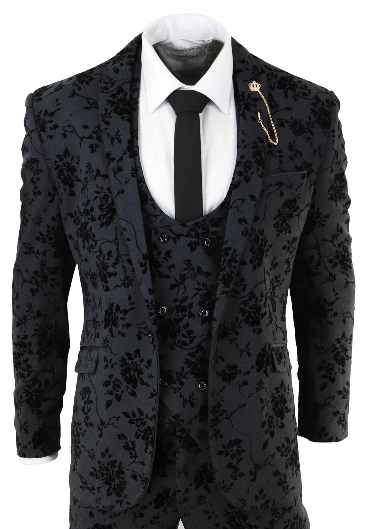 Mens Black 3 Piece Paisley Velvet Suit