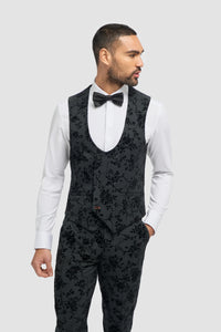 Mens Black 3 Piece Paisley Velvet Suit