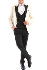 Mens 3 Piece Cream Black Ivory Suit Bow Tie Tuxedo Ceremony Wedding Grooms Prom