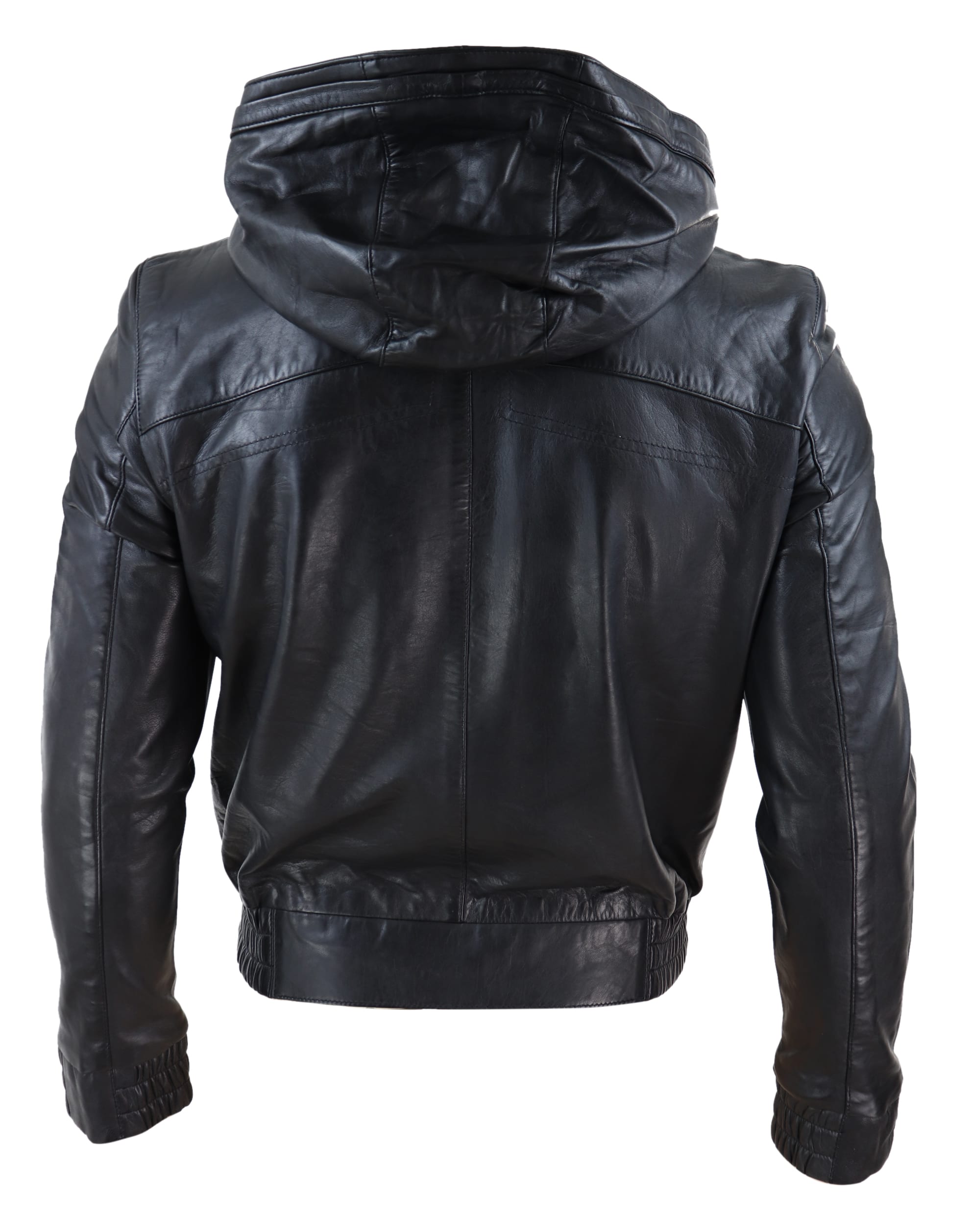 Mens Black Leather Bomber Jacket with Hood