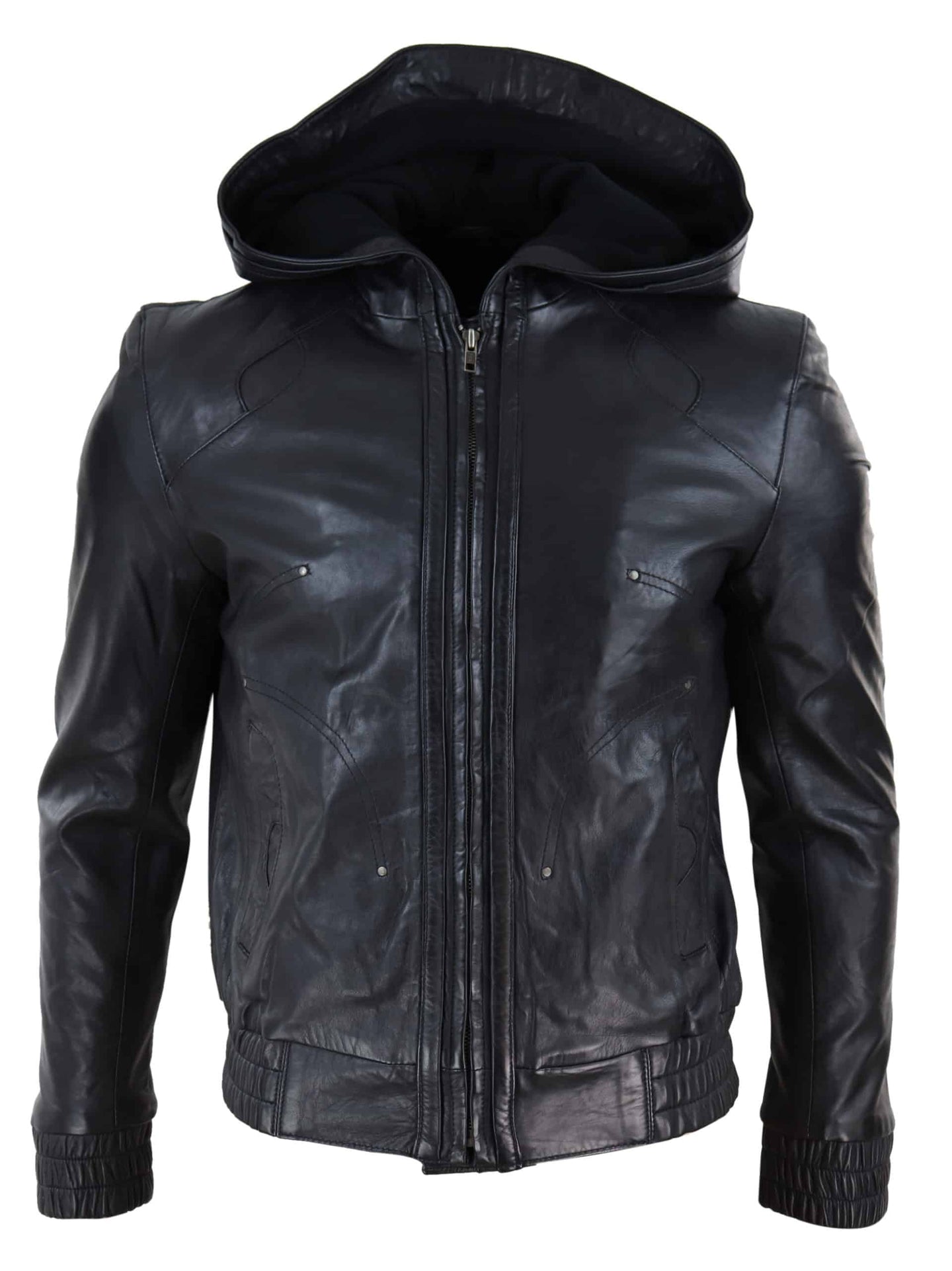 Mens Black Leather Bomber Jacket with Hood