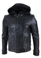 Mens Black Leather Bomber Jacket with Hood