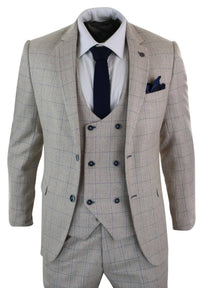 Men's 3 Piece Cream Blue-Check Suit