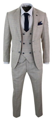Men's 3 Piece Cream Blue-Check Suit