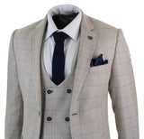 Men's 3 Piece Cream Blue-Check Suit