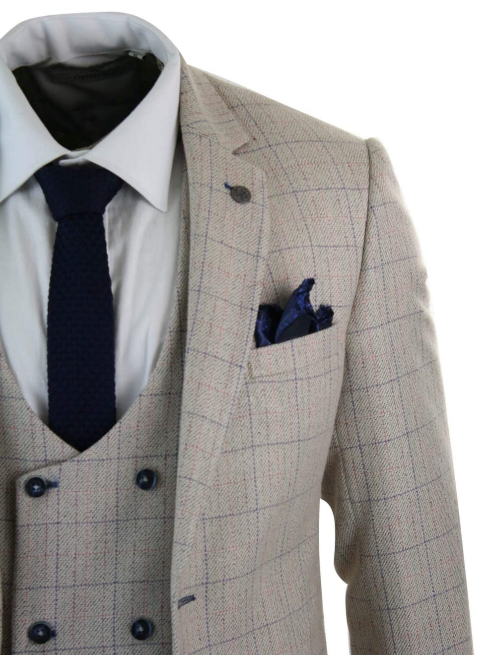 Men's 3 Piece Cream Blue-Check Suit