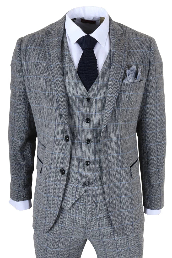 Harris - Men's Grey 3 Piece Herringbone Check Tweed Suit