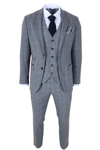 Harris - Men's Grey 3 Piece Herringbone Check Tweed Suit