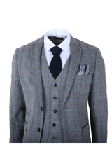 Harris - Men's Grey 3 Piece Herringbone Check Tweed Suit
