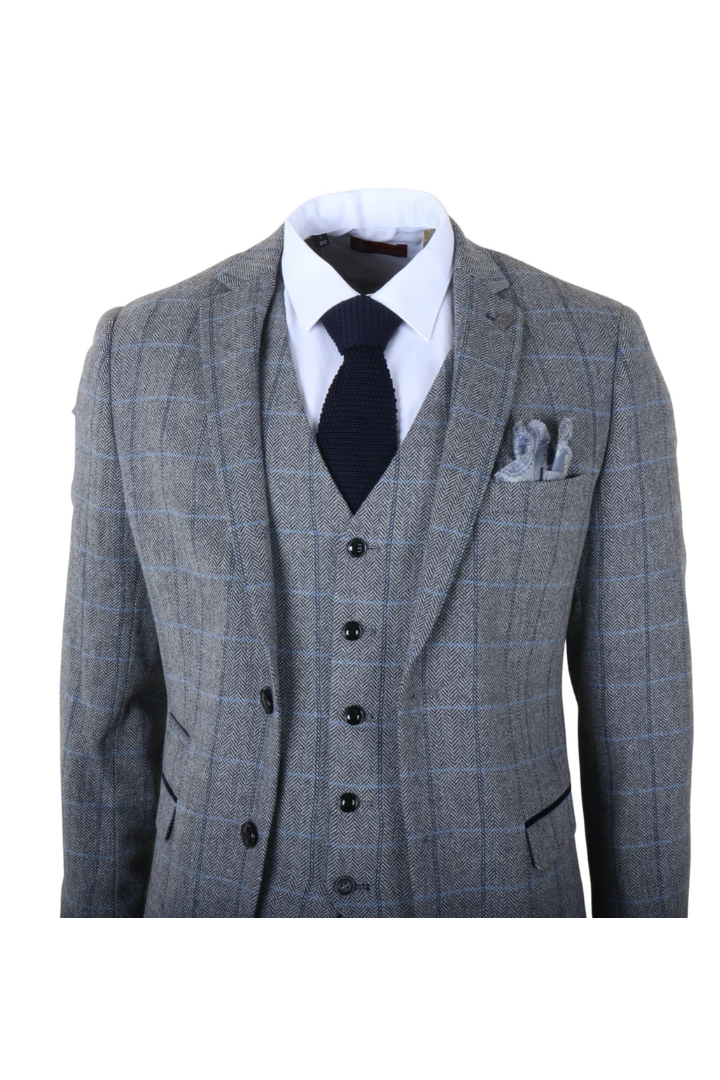 Harris - Men's Grey 3 Piece Herringbone Check Tweed Suit