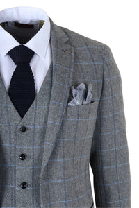 Harris - Men's Grey 3 Piece Herringbone Check Tweed Suit