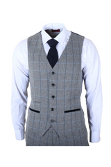 Harris - Men's Grey 3 Piece Herringbone Check Tweed Suit