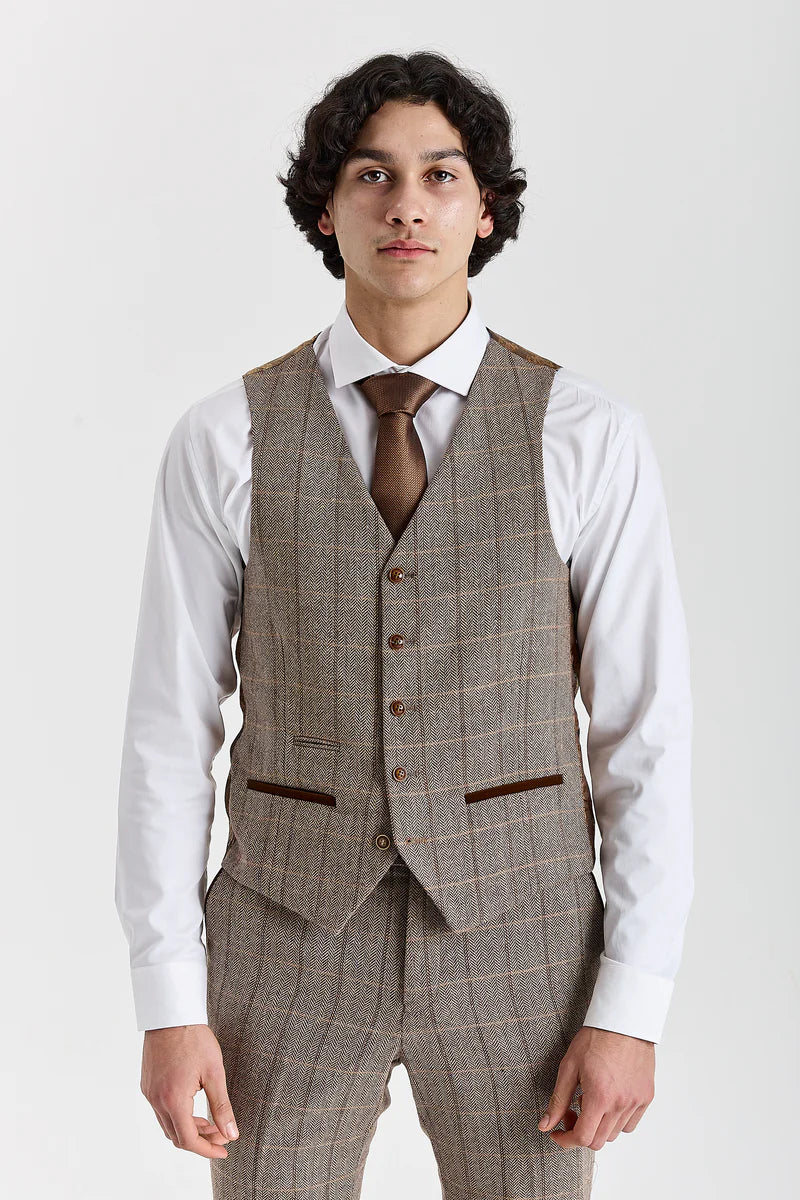 Harris - Tweed Brown Herringbone Check Waistcoat for Men