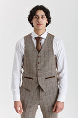Harris - Tweed Brown Herringbone Check Waistcoat for Men