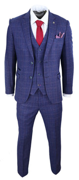 Mens Blue Purple Check 3 Piece Suit