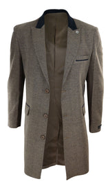Herringbone Tweed 3/4 Long Overcoat-Oak