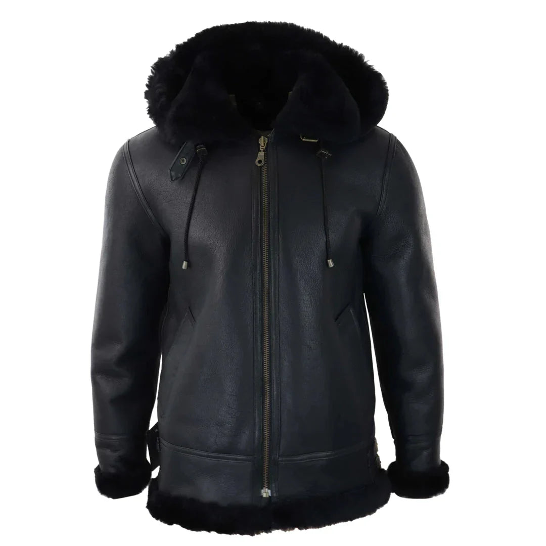 Men's Black Leather Sherling Sheepskin Hood Jacket Aviator Flying Pilot