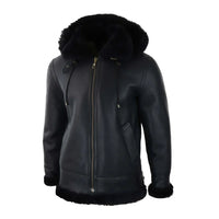 Men's Black Leather Sherling Sheepskin Hood Jacket Aviator Flying Pilot