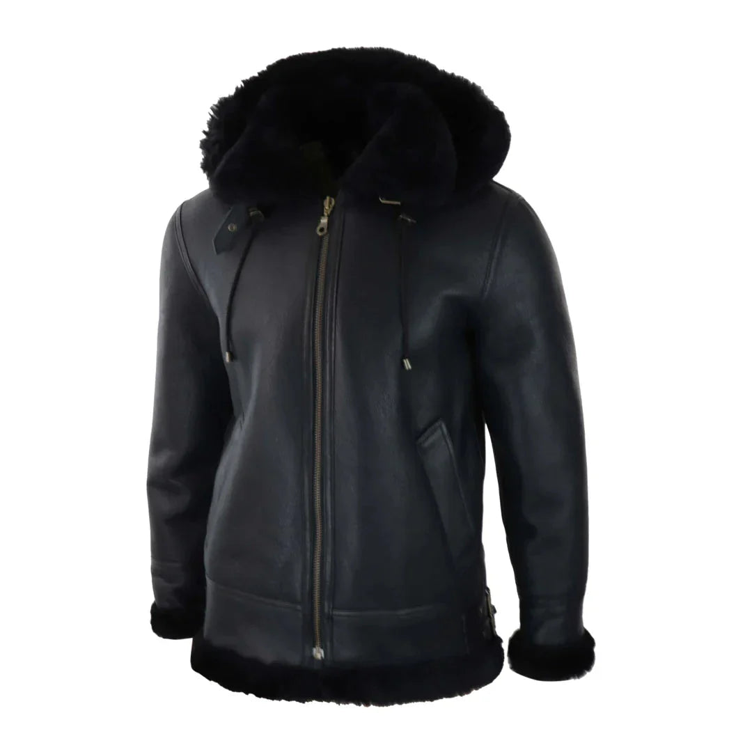 Men's Black Leather Sherling Sheepskin Hood Jacket Aviator Flying Pilot