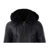 Men's Black Leather Sherling Sheepskin Hood Jacket Aviator Flying Pilot