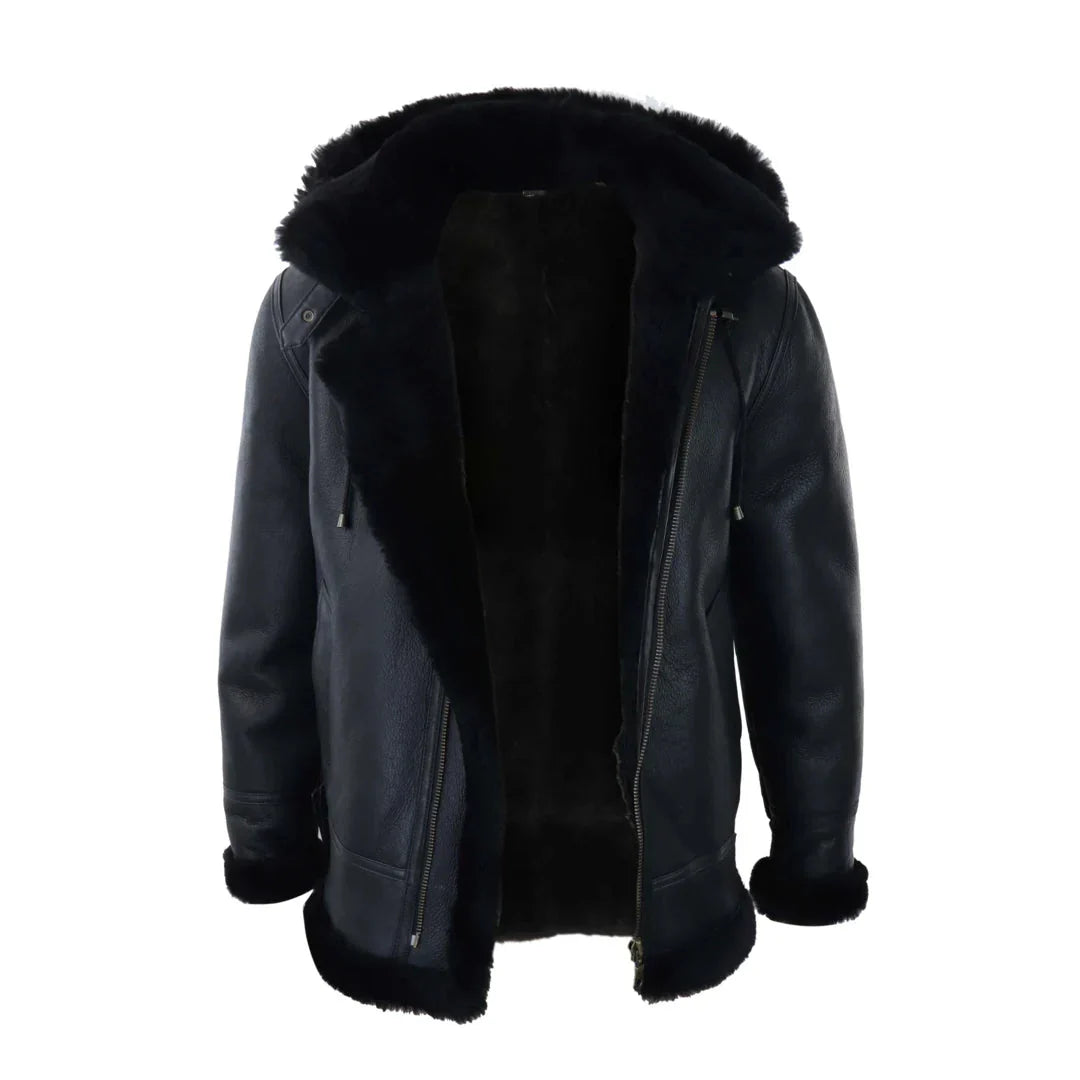 Men's Black Leather Sherling Sheepskin Hood Jacket Aviator Flying Pilot