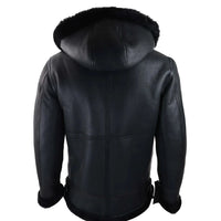 Men's Black Leather Sherling Sheepskin Hood Jacket Aviator Flying Pilot
