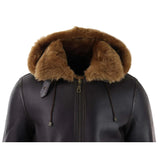 Men's Brown Leather Sherling Sheepskin Hood Jacket Aviator Flying Pilot