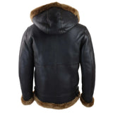 Men's Brown Leather Sherling Sheepskin Hood Jacket Aviator Flying Pilot