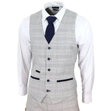 Hugo Men's Light Grey 3-Piece Suit with Navy Blue Check and Velvet Trims