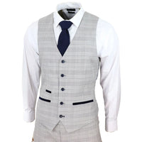 Hugo Men's Light Grey 3-Piece Suit with Navy Blue Check and Velvet Trims