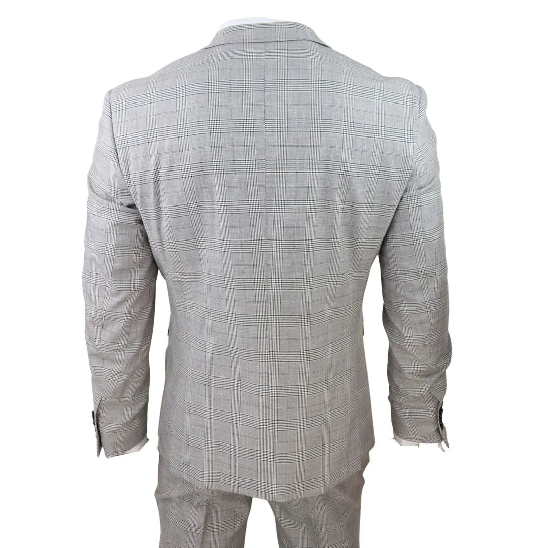 Hugo Men's Light Grey 3-Piece Suit with Navy Blue Check and Velvet Trims