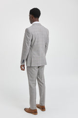 Hugo Men's Light Grey 3-Piece Suit with Navy Blue Check and Velvet Trims