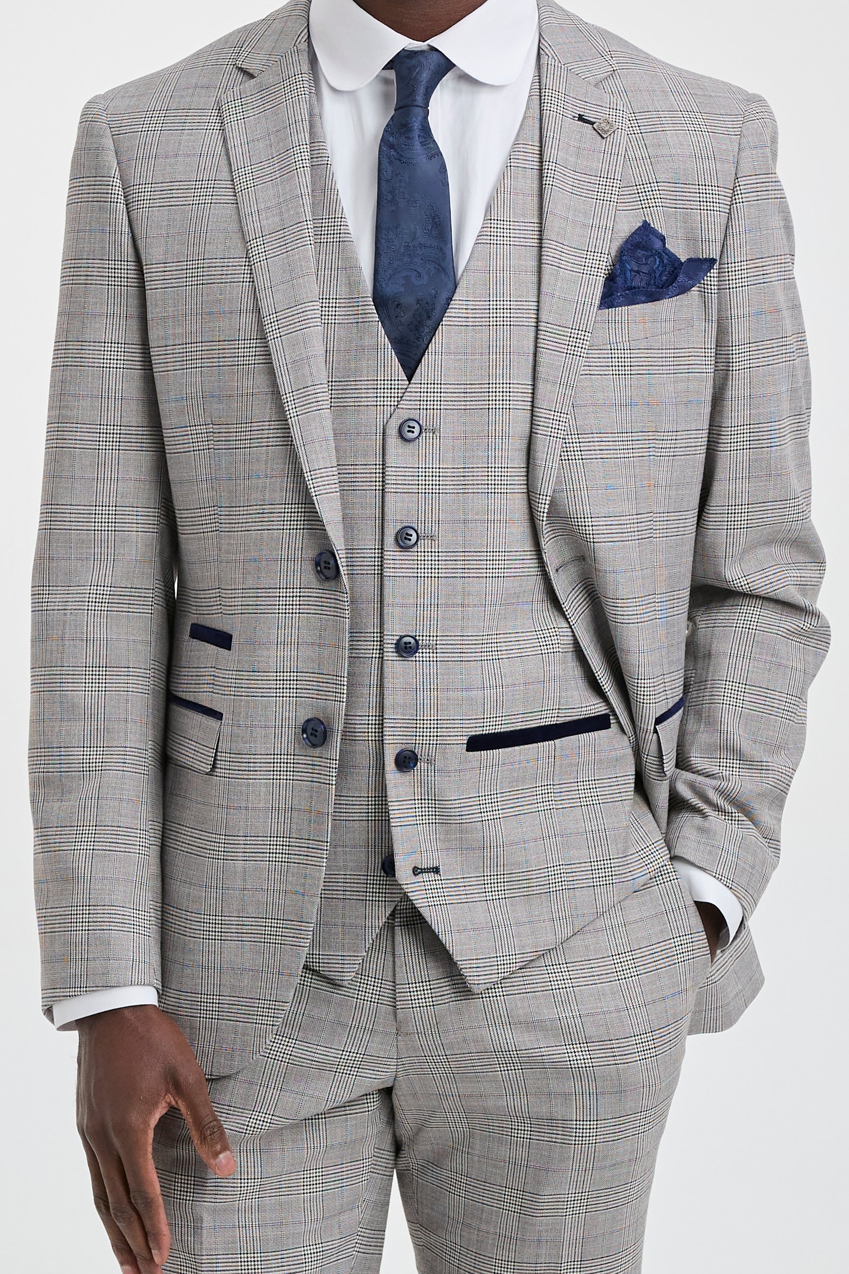 Hugo Men's Light Grey 3-Piece Suit with Navy Blue Check and Velvet Trims