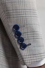 Hugo Men's Light Grey 3-Piece Suit with Navy Blue Check and Velvet Trims