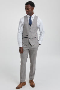 Hugo Men's Light Grey 3-Piece Suit with Navy Blue Check and Velvet Trims