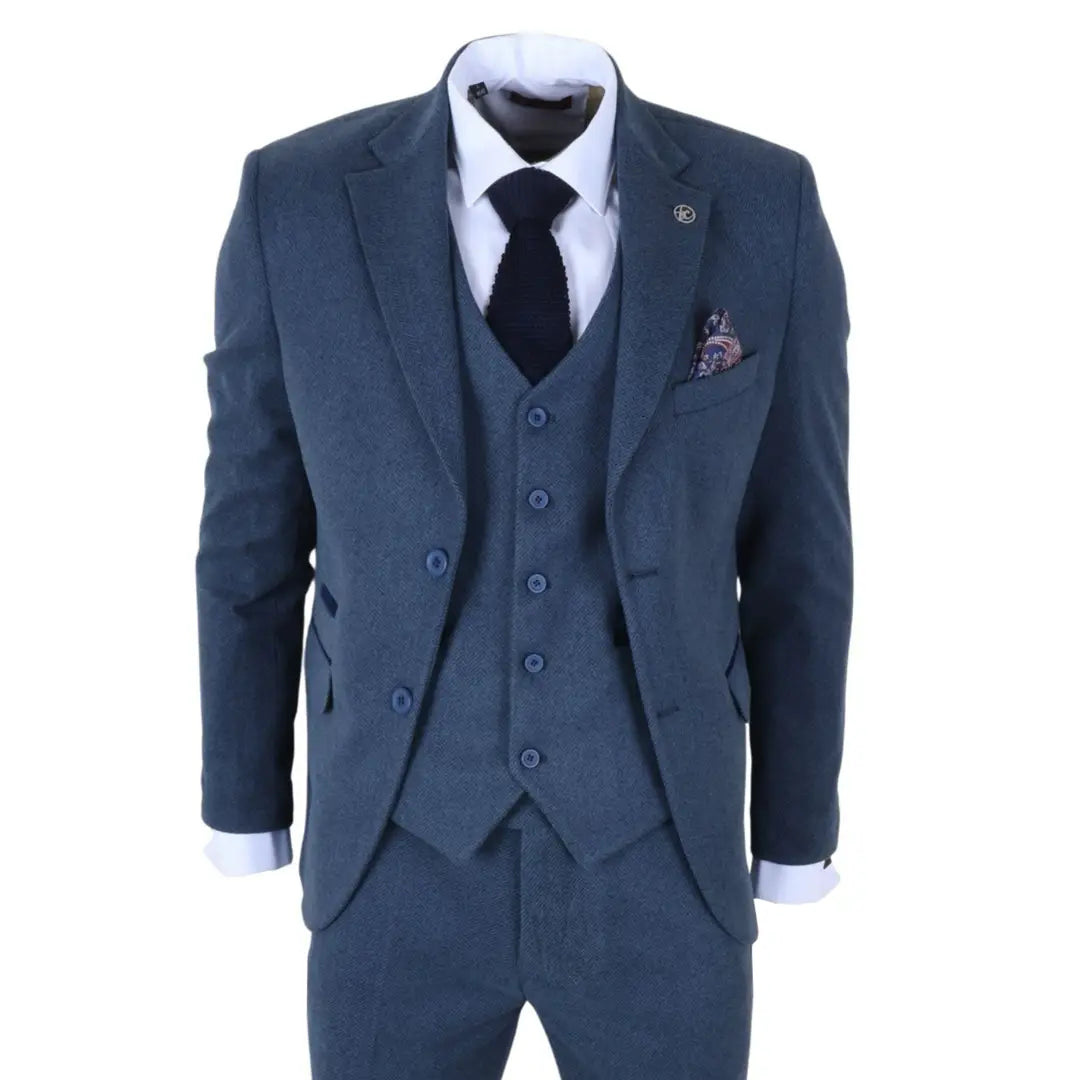 IM40 - Navy Blue 3 Piece Herringbone Tweed Suit for Men