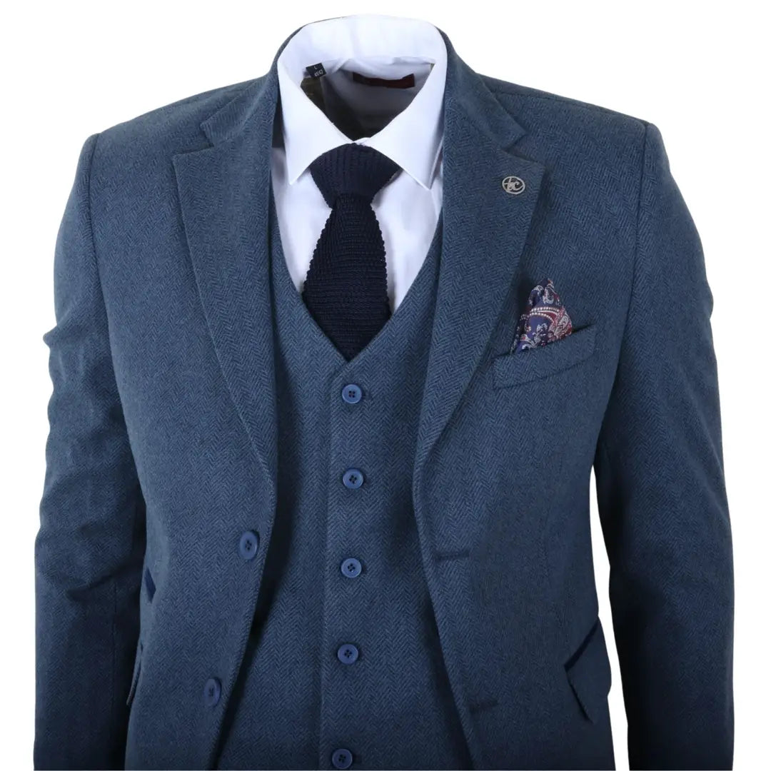 IM40 - Navy Blue 3 Piece Herringbone Tweed Suit for Men