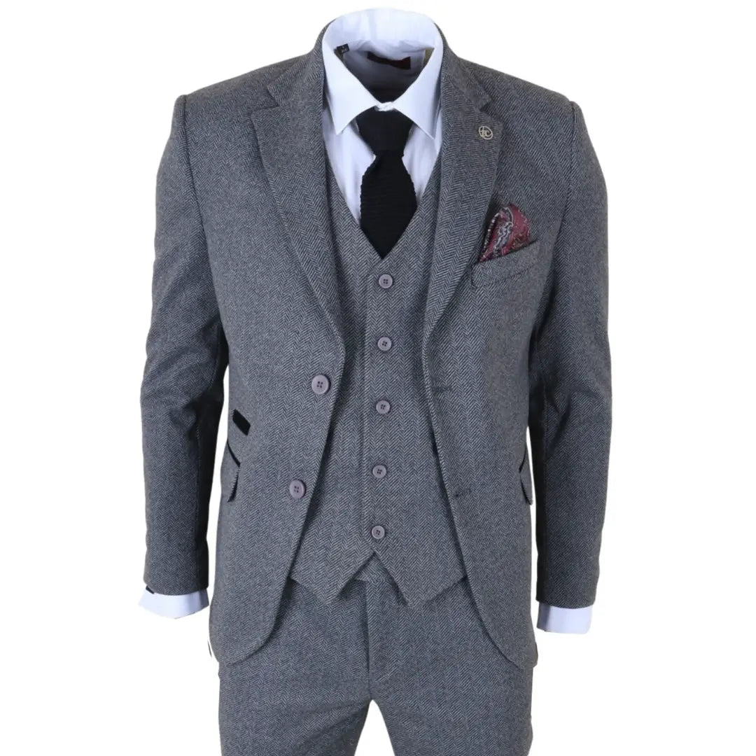 IM41 - Grey 3 Piece Herringbone Tweed Suit for Men