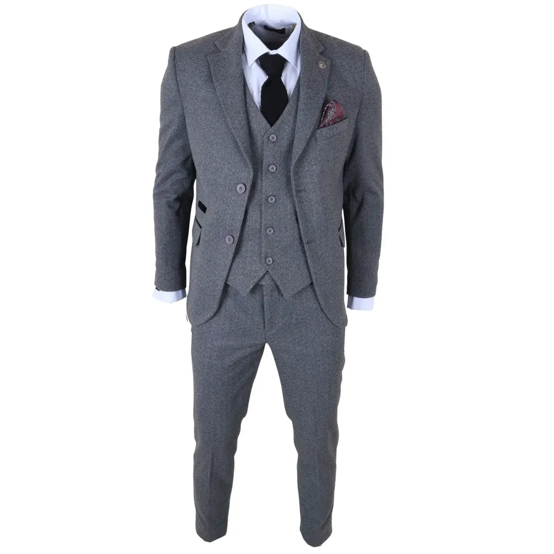 IM41 - Grey 3 Piece Herringbone Tweed Suit for Men
