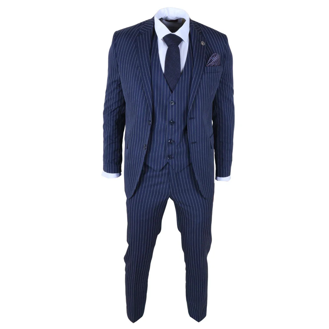IM43 - Men's Pinstripe 3 Piece Navy Blue Shelby Style Suit