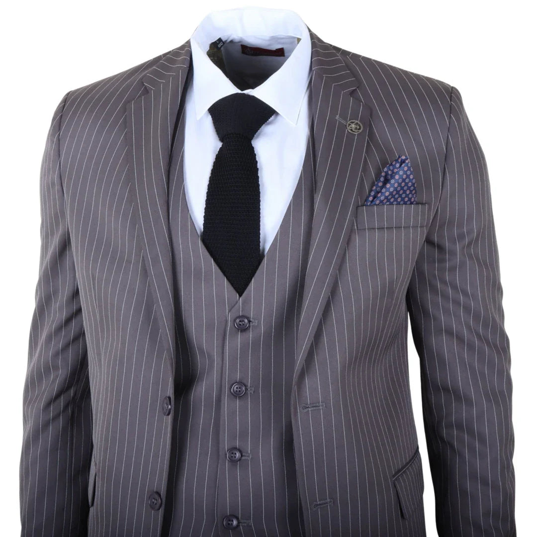 IM44 - Men's Pinstripe 3 Piece Grey Suit Shelby Style