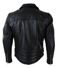 Real Leather Cross Zip Cow Hide Padded Mens Biker Jacket White Black Brando Vintage-Black