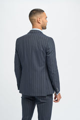 Mens 3 Piece Suit Pin Stripe Navy Classic Vintage Retro 1920s Tailored Fit Wedding