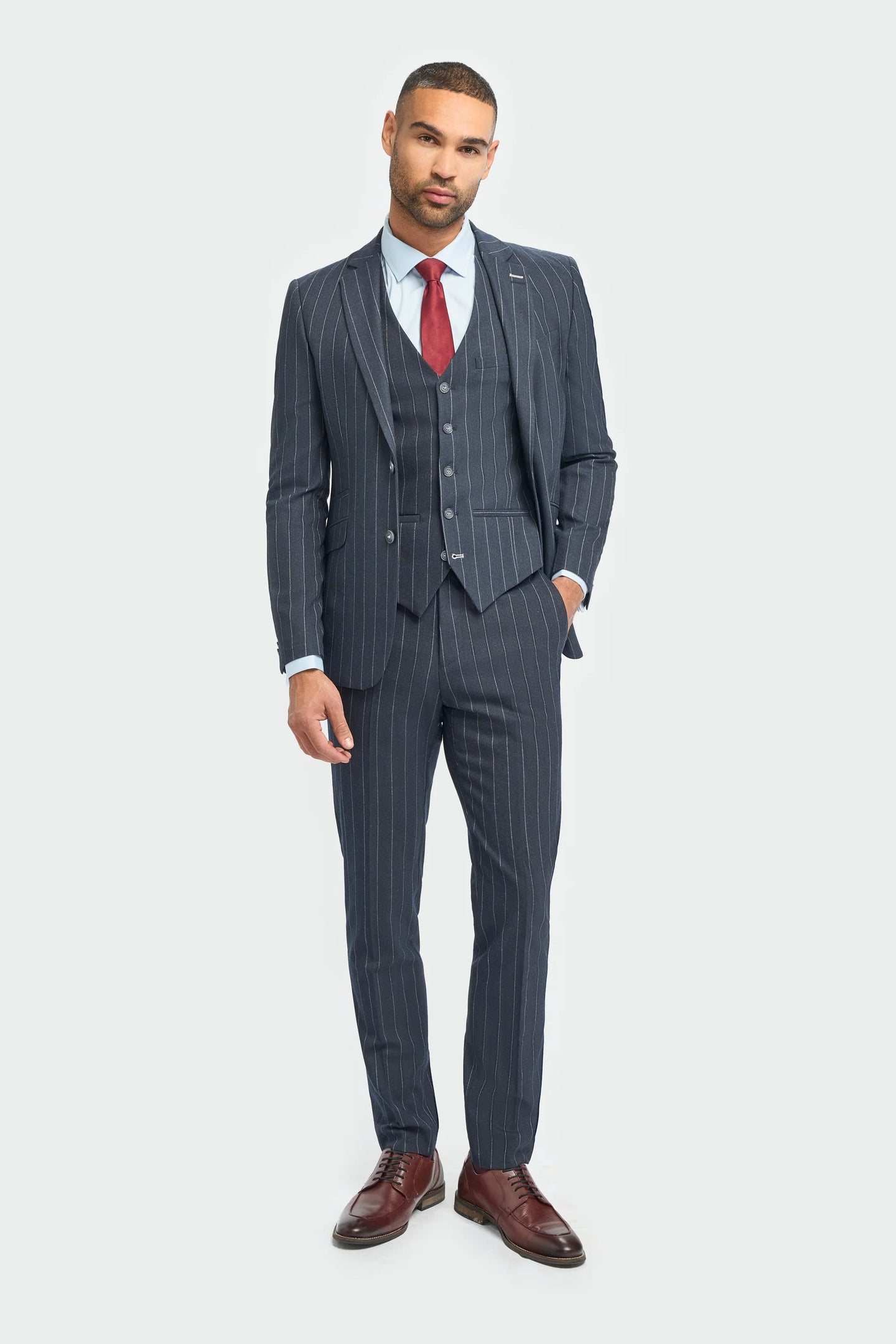 Mens 3 Piece Suit Pin Stripe Navy Classic Vintage Retro 1920s Tailored Fit Wedding