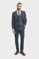 Mens 3 Piece Suit Pin Stripe Navy Classic Vintage Retro 1920s Tailored Fit Wedding