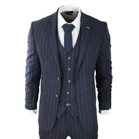 Mens 3 Piece Suit Pin Stripe Navy Classic Vintage Retro 1920s Tailored Fit Wedding