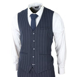 Mens 3 Piece Suit Pin Stripe Navy Classic Vintage Retro 1920s Tailored Fit Wedding