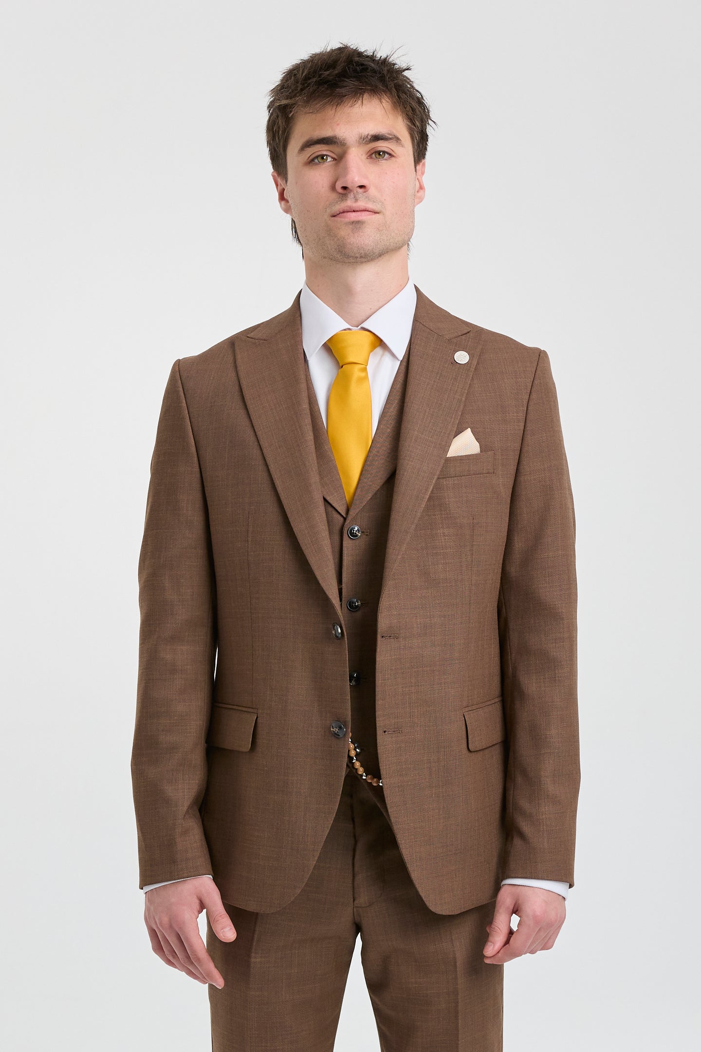 James Men's 3-Piece Plain Brown Suit with Classic Fit